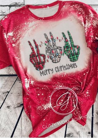 Merry Christmas Skeleton Peace Bleached Tee