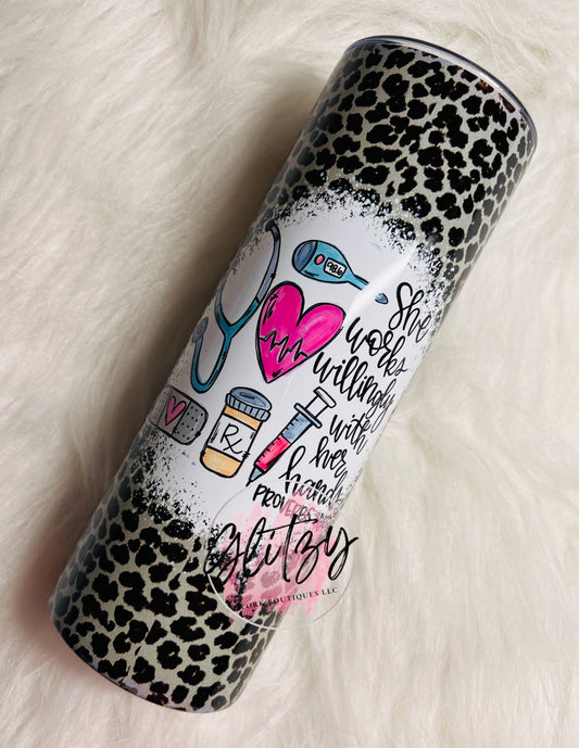 She works willingly with her hands Leopard 20oz Tumbler