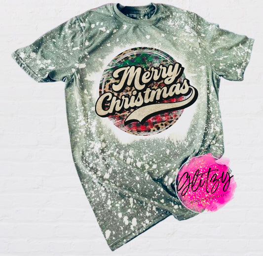 Merry Christmas Retro Plaid Bleached Tee